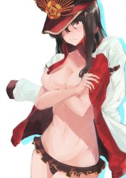 Rule 34 | 1girl, bad id, bad pixiv id, bikini, black hair, breasts, cleavage, covering privates, covering breasts, cowboy shot, fate/grand order, fate (series), groin, hat, jacket, jacket on shoulders, long hair, medium breasts, navel, oda nobunaga (fate), oda nobunaga (koha-ace), oda nobunaga (swimsuit berserker) (fate), oda nobunaga (swimsuit berserker) (first ascension) (fate), oda nobunaga (swimsuit berserker) (second ascension) (fate), red eyes, solo, swimsuit, tearing up, topless, touryou (24637891), touryou (24637891), white background