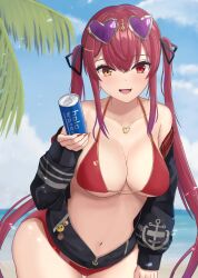 Rule 34 | 1girl, bare shoulders, breasts, cleavage, glasses on head, hololive, houshou marine, large breasts, long hair, looking at viewer, open mouth, red eyes, red hair, shizukami chiro, smile, solo, twintails, yellow eyes