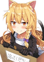 Rule 34 | 1girl, animal ear fluff, animal ears, black dress, blonde hair, blush, bow, box, braid, brown eyes, cardboard box, cat ears, cat tail, check translation, commentary request, crying, crying with eyes open, dress, e.o., fang, fang out, for adoption, hair between eyes, hair bow, highres, kemonomimi mode, kirisame marisa, long hair, long sleeves, looking at viewer, no headwear, sign, simple background, single braid, smile, solo, tail, tape, tears, touhou, translation request, upper body, white background, white bow