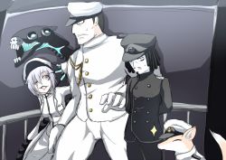 Rule 34 | 10s, 1girl, 2boys, :p, abyssal admiral (kancolle), admiral (kancolle), admiral suwabe, black hair, borrowed character, crossover, female abyssal admiral (kancolle), female admiral (kancolle), kantai collection, matsuda chiyohiko, military, military uniform, multiple boys, naval uniform, ogawa-syou, ogawa shou, red eyes, scar, scar across eye, scar on face, syringe, tongue, tongue out, uniform, white hair