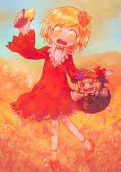 Rule 34 | 2girls, absurdres, aki minoriko, aki shizuha, apron, arm up, autumn, blonde hair, chibi, choker, dress, drooling, earrings, food, fruit, gradient sky, grapes, hair ornament, hat, head tilt, highres, holding, jewelry, leaf, leaf hair ornament, long sleeves, mob cap, multiple girls, open mouth, outdoors, red dress, red eyes, red footwear, red hat, shirt, shoes, short dress, short hair, skirt, sky, sleeves past fingers, sleeves past wrists, sweet potato, touhou, white shirt, yellow eyes, yst