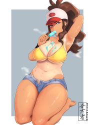 Rule 34 | 1girl, absurdres, arm behind head, arm up, armpits, baseball cap, bikini, bikini top only, blue eyes, border, breasts, brown hair, cleavage, creatures (company), cutoffs, denim, denim shorts, dripping, eating, eyebrows, feet, female focus, food, food on body, food on breasts, game freak, hat, high ponytail, highres, hilda (pokemon), ice cream, large breasts, legs together, lips, long hair, navel, nintendo, open clothes, open fly, open shorts, outside border, pokemon, pokemon bw, ponytail, popsicle, seiza, shiny skin, shorts, sidelocks, sideways glance, sitting, smell, solo, stomach, sweat, swimsuit, tan, tanline, thick thighs, thighs, unbuttoned, watermark, white border, wristband, yellow bikini, yotamono
