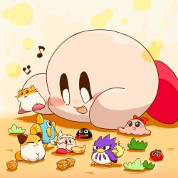 Rule 34 | :3, :d, bandana, beamed eighth notes, blush, blush stickers, bow, broom, chuchu (kirby), cleaning kirby, closed eyes, closed mouth, commentary request, coo (kirby), copy ability, eighth note, fang, figure, gooey (kirby), holding, holding broom, kine (kirby), kirby, kirby (series), long tongue, lying, maxim tomato, musical note, nago (kirby), nintendo, no humans, on stomach, open mouth, pitch (kirby), red bow, rick (kirby), satojoyu, simple background, smile, solo, star (symbol), star block, star print, tongue, tongue out, v-shaped eyebrows, white bandana, yellow background