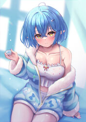 Rule 34 | 1girl, absurdres, ahoge, blue hair, blue jacket, breasts, camisole, choko (cup), cleavage, closed mouth, collarbone, commentary request, cup, frilled camisole, frills, fur-trimmed jacket, fur-trimmed sleeves, fur trim, hair between eyes, hair ornament, hairclip, heart, heart ahoge, highres, holding, hololive, jacket, long sleeves, medium breasts, neko punch (user hddm3373), off shoulder, open clothes, open jacket, pointy ears, short shorts, shorts, sitting, sleeves past wrists, smile, solo, striped clothes, striped jacket, virtual youtuber, white camisole, white shorts, yellow eyes, yukihana lamy