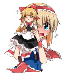Rule 34 | &gt; &lt;, 2girls, > <, alice margatroid, blonde hair, blue eyes, blush, bow, capelet, d:, doll joints, dress, dx, flying sweatdrops, hair bow, hairband, hiding, hiding behind another, highres, joints, loafers, lolita fashion, lolita hairband, long hair, multiple girls, open mouth, sash, shanghai doll, shoes, short hair, sumiya nadateru, sweat, tears, touhou, triangle mouth, wavy mouth, wrist cuffs