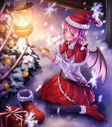 Rule 34 | 1girl, ankle boots, belt, bird wings, black belt, black pantyhose, boots, bow, capelet, christmas, christmas ornaments, christmas stocking, christmas tree, collared shirt, commentary, fur-trimmed capelet, fur trim, gift, hat, head wings, highres, lantern, long sleeves, looking at viewer, miniskirt, mystia lorelei, night, open mouth, orange eyes, outdoors, pantyhose, pleated skirt, red bow, red capelet, red footwear, red hair, red hat, red skirt, santa boots, santa costume, santa hat, sash, shirt, short hair, sitting, skirt, smile, snowflakes, snowing, solo, sunny (20597521), touhou, wariza, white shirt, wings