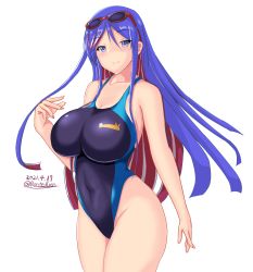 Rule 34 | 1girl, blue hair, blue one-piece swimsuit, breasts, competition swimsuit, dated, eyewear on head, highleg, highleg swimsuit, highres, impossible clothes, impossible swimsuit, kantai collection, large breasts, long hair, looking at viewer, montemasa, multicolored hair, one-hour drawing challenge, one-piece swimsuit, red hair, simple background, solo, south dakota (kancolle), sunglasses, swimsuit, twitter username, white background, white hair