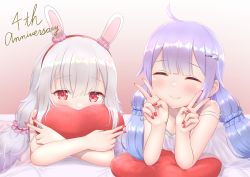 Rule 34 | 2girls, ^ ^, ahoge, alternate costume, animal ears, anniversary, azur lane, bed sheet, breasts, cleavage, closed eyes, collarbone, commentary request, covering own mouth, double v, fake tail, gekikara poteto, hair between eyes, hair ornament, hair scrunchie, hairband, hairclip, highres, hugging object, laffey (azur lane), long hair, looking at viewer, low twintails, lying, multiple girls, on stomach, pajamas, pillow, pillow hug, purple hair, rabbit ears, red eyes, scrunchie, sidelocks, silver hair, smile, spaghetti strap, tail, twintails, unicorn (azur lane), v