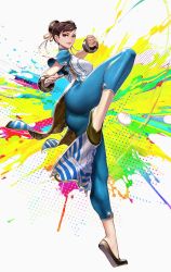Rule 34 | 1girl, ass, blue pants, bow, bowtie, bracelet, breasts, brown hair, capcom, china dress, chinese clothes, chun-li, clenched hand, closed mouth, commentary, double bun, dress, dumpling, earrings, fighting stance, fingernails, food, full body, gold trim, hair bow, hair bun, highres, jewelry, leg up, lips, looking at viewer, medium breasts, okojo, pants, pelvic curtain, purple eyes, sandals, short sleeves, simple background, skin tight, smile, solo, standing, standing on one leg, street fighter, street fighter 6, swept bangs, white background