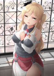 Rule 34 | 1girl, anchor, arm between breasts, bad id, bad pixiv id, bare shoulders, blonde hair, blush, braid, breasts, brown eyes, corset, half-closed eyes, hat, indoors, kantai collection, large breasts, layered skirt, long hair, long sleeves, looking at viewer, mini hat, ne an ito, open mouth, red neckwear, skirt, smile, solo, standing, thighs, wavy hair, window, zara (kancolle), zara due (kancolle)