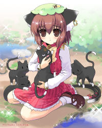 Rule 34 | 1girl, :&lt;, :3, ^ ^, adapted costume, angry, animal ear fluff, animal ears, brown hair, cat, cat ears, cat girl, cat tail, chen, closed eyes, earrings, closed eyes, fangs, female focus, gold trim, hat, highres, jewelry, kasane, multiple tails, ribbon, short hair, single earring, solo, sparkle, tail, tail ornament, tail ribbon, touhou, two tails, | |