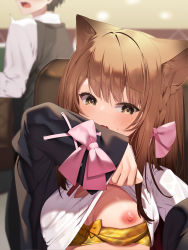 Rule 34 | 1boy, 1girl, absurdres, animal ear fluff, animal ears, bad id, bad pixiv id, black jacket, blouse, blush, bow, bow bra, bra, bra pull, braid, breasts, brown eyes, brown hair, cat ears, clothes lift, clothes pull, covering own mouth, flashing, haiba 09, hair bow, highres, jacket, lifted by self, long hair, looking at viewer, nekoseki rion (haiba 09), nipples, oppai challenge, original, pink bow, public indecency, pulled by self, shirt, shirt lift, sitting, small breasts, solo, sweatdrop, underwear, white shirt, yellow bra