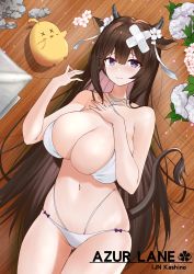 Rule 34 | 1girl, 3:, absurdres, animal ears, azur lane, bandaid, bandaid on head, bare shoulders, bikini, bird, blunt bangs, blush, breasts, brown hair, character name, chick, cleavage, collared shirt, commentary request, copyright name, cow ears, cow girl, cow horns, cow tail, embarrassed, flower, groin, hair between eyes, highres, horns, huge breasts, jewelry, jie xian (tsuki), kashino (azur lane), kashino (hot springs relaxation) (azur lane), long hair, looking at viewer, lying, manjuu (azur lane), midriff, navel, necklace, official alternate costume, on back, purple eyes, shirt, sidelocks, spaghetti strap, stomach, swimsuit, tail, white bikini, wooden floor