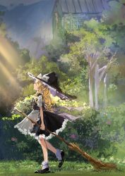 Rule 34 | 1girl, apron, arm at side, black dress, black footwear, black hat, blonde hair, bobby socks, bow, braid, broom, bush, commentary request, day, dress, forest, frilled dress, frills, from side, grass, hat, hat bow, holding, holding broom, hut, kirisame marisa, light rays, long hair, looking away, looking up, mary janes, mountain, nature, outdoors, pinafore dress, profile, scenery, shoes, short sleeves, side braid, sleeveless, sleeveless dress, socks, solo, sunbeam, sunlight, touhou, ume (plumblossom), waist apron, walking, white bow, white socks, witch, witch hat, yellow eyes