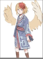 1girl ainu_clothes bird_wings black_eyes blonde_hair border brown_footwear commentary earrings feathered_wings fn2188 grey_border highres jewelry light_smile looking_to_the_side multicolored_hair necklace niwatari_kutaka red_hair sketch solo touhou two-tone_hair white_background wings yellow_wings