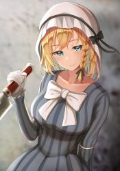 Rule 34 | 1girl, alternate costume, blonde hair, blue eyes, bow, braid, charlotte corday (first ascension) (fate), dress, fumei (mugendai), gloves, hair ribbon, highres, holding, holding knife, knife, maribel hearn, medium hair, purple dress, ribbon, single braid, smile, solo, striped clothes, striped dress, touhou, white bow, white gloves