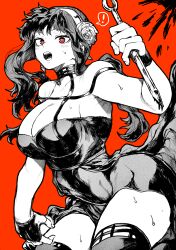 Rule 34 | !, 1girl, absurdres, black hair, breasts, cleavage, dagger, dress, fingerless gloves, flower, gloves, greyscale, greyscale with colored background, hair flower, hair ornament, highres, holding, holding knife, holding weapon, knife, large breasts, long hair, looking at viewer, monochrome, open mouth, red background, red eyes, simple background, solo, spoken exclamation mark, spy x family, stiletto (weapon), sweat, thighhighs, thighs, weapon, yor briar, yotsumi shiro