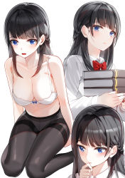 Rule 34 | 1girl, bare arms, bare shoulders, black hair, black pantyhose, blue eyes, book, book stack, bow, bowtie, bra, braid, breasts, cleavage, collarbone, collared shirt, hand on own chin, highres, holding, kfr, large breasts, long hair, long sleeves, looking at viewer, multiple views, open mouth, original, pantyhose, shirt, stomach, thighband pantyhose, underwear, white bra, white shirt