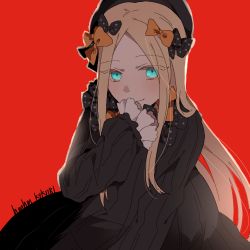 Rule 34 | 1girl, abigail williams (fate), black bow, bow, fate/grand order, fate (series), forehead, hair bow, hand to own mouth, hat, lowres, multiple hair bows, namahamu (hmhm 81), orange bow, parted bangs, polka dot, polka dot bow, red background, sleeves past fingers, sleeves past wrists, solo