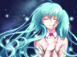 Rule 34 | 1girl, aqua hair, bad id, bad pixiv id, closed eyes, female focus, floating hair, hatsune miku, kayu, long hair, necktie, smile, solo, space, sweater vest, twintails, very long hair, vocaloid