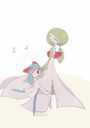 Rule 34 | 2girls, ^ ^, alternate color, arm at side, arm up, artist name, blue hair, blue skin, blush, blush stickers, bob cut, child, closed eyes, colored skin, creatures (company), female focus, flat chest, from side, game freak, gardevoir, gen 3 pokemon, green hair, green skin, hair over one eye, hand to own mouth, hand up, happy, highres, kirlia, leg up, medium hair, multicolored skin, multiple girls, musical note, nintendo, notice lines, one eye covered, open mouth, pokemon, pokemon (creature), shiny and normal, shiny pokemon, short hair, sidelocks, signature, simple background, smile, standing, standing on one leg, twitter username, two-tone skin, walking, white background, white skin, yoshikura