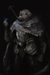Rule 34 | 1boy, armor, blaidd the half-wolf, blue butterfly, breastplate, bug, butterfly, cape, elden ring, faulds, furry, furry male, gauntlets, greaves, hand up, highres, insect, male focus, rioyudha22, solo, sword, weapon, weapon on back