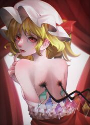 Rule 34 | 1girl, backless dress, backless outfit, blonde hair, cowboy shot, crystal wings, dress, flandre scarlet, from behind, hair ribbon, hat, highres, mob cap, nasu1225, open mouth, red eyes, red ribbon, ribbon, solo, topless, touhou