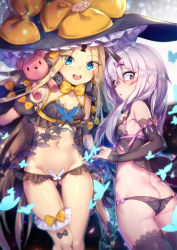 Rule 34 | 2girls, :d, :o, abigail williams (fate), ass, bare shoulders, black bra, black hat, black legwear, black panties, blonde hair, blue eyes, blush, bow, bow panties, bra, commentary request, detached sleeves, fate/grand order, fate (series), groin, hair between eyes, hat, horns, keyhole, lace, lace-trimmed legwear, lace trim, lavinia whateley (fate), long hair, long sleeves, looking at viewer, looking back, multiple girls, open mouth, panties, parted bangs, parted lips, pink bow, puffy short sleeves, puffy sleeves, purple eyes, round teeth, shennai misha, short sleeves, silver hair, single horn, sleeves past wrists, smile, stuffed animal, stuffed toy, teddy bear, teeth, thighhighs, underwear, upper teeth only, very long hair, witch hat