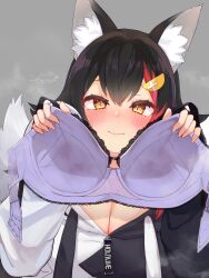 Rule 34 | 1girl, absurdres, animal ear fluff, animal ears, black hair, blush, bra, breasts, cleavage, festa11307070, grey background, hair ornament, hairclip, heart, heart-shaped pupils, highres, holding, holding bra, holding clothes, holding underwear, hololive, hood, hoodie, large breasts, long hair, looking at viewer, multicolored hair, ookami mio, ookami mio (casual), orange eyes, purple bra, red hair, simple background, solo, streaked hair, symbol-shaped pupils, tail, underwear, upper body, virtual youtuber, wolf ears, wolf girl, wolf tail