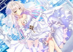 Rule 34 | 1girl, alternate costume, aruka (alka p1), azur lane, bird, breasts, bridal veil, clothes lift, cloud, collarbone, commentary request, cross, dove, dress, dress lift, dutch angle, elbow gloves, feathers, flower, gloves, hair flower, hair ornament, iron cross, jewelry, long hair, looking at viewer, mole, mole under eye, necklace, ocean, off-shoulder dress, off shoulder, petals, revision, sky, smile, solo, veil, wedding dress, white gloves, white hair, wind, yellow eyes, z46 (azur lane)