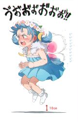 Rule 34 | 1girl, afterimage, arrow (symbol), blue dress, blue hair, clenched hands, commentary request, crescent, crescent hair ornament, dress, fairy, fairy wings, flower, flower wreath, flying, from side, full body, gomennasai, hair ornament, head wreath, highres, long hair, looking away, low twintails, monday-chan (gomennasai), no shoes, original, pink flower, pleated dress, shadow, simple background, sleeveless, sleeveless dress, socks, solo, translation request, twintails, white background, white socks, wings