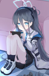 Rule 34 | 1girl, absurdly long hair, absurdres, aqua halo, aris (blue archive), black hair, black skirt, blue archive, blue eyes, blue necktie, collared shirt, controller, game controller, grey jacket, halo, handheld game console, highres, holding, holding handheld game console, jacket, knbd, long hair, looking at viewer, necktie, nintendo switch, rectangular halo, shirt, shoes, side ponytail, skirt, smile, sneakers, solo, very long hair, white footwear, white shirt