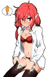 Rule 34 | 1girl, blouse, bra, dressing, dungeon and fighter, female mage (dungeon and fighter), hair tie, long hair, mage (dungeon and fighter), panties, red hair, shirt, solo, sss (komojinos3), sticker on face, surprised, thighhighs, underwear, upper body, white shirt, witch (dungeon and fighter)