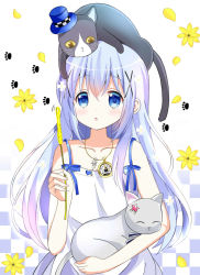 Rule 34 | 1girl, :o, animal, animal on head, bare arms, bare shoulders, blue eyes, blue hair, blush, cat, cat on head, cattail, checkered background, commentary request, dress, flower, gochuumon wa usagi desu ka?, hair between eyes, hair ornament, holding, holding animal, kafuu chino, long hair, on head, parted lips, petals, plant, revision, ryoutan, sleeveless, sleeveless dress, solo, very long hair, white dress, x hair ornament, yellow flower