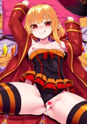 Rule 34 | 1girl, after vaginal, aftersex, black leotard, blonde hair, blush, breasts, breasts out, censored, chiroshiron, closed mouth, covered navel, crotch, cum, cum in pussy, flandre scarlet, highres, leotard, long hair, looking at viewer, lying, nipples, on back, pillow, pillow grab, pointy ears, pussy, red eyes, small breasts, smile, solo, spread legs, striped clothes, striped thighhighs, thighhighs, tongue, touhou, wings