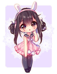Rule 34 | 1girl, :o, animal ears, bare arms, bare shoulders, black thighhighs, blunt bangs, blush, border, borrowed character, brown eyes, brown hair, chibi, commission, double bun, dress, finger to cheek, full body, hair bun, hairband, heart, heart-shaped pupils, hyanna-natsu, long hair, looking at viewer, open mouth, original, pink dress, pink hairband, pom pom (clothes), purple background, rabbit ears, sailor collar, sailor dress, sleeveless, sleeveless dress, solo, standing, symbol-shaped pupils, tareme, thighhighs, white border, zettai ryouiki