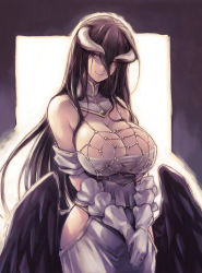 Rule 34 | 1girl, albedo (overlord), bare shoulders, black feathers, black hair, black wings, breasts, cleavage, closed mouth, commentary, demon girl, demon horns, demon wings, detached collar, dress, feathered wings, feathers, gloves, hair between eyes, hip focus, hip vent, horns, jewelry, large breasts, looking at viewer, low wings, necklace, overlord (maruyama), own hands together, slit pupils, smile, solo, standing, user xgpy8228, white dress, white gloves, wings, yellow eyes