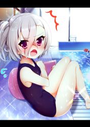 Rule 34 | &gt;:o, 1girl, ^^^, azur lane, bad id, bad twitter id, blush, breasts, commentary request, crossed bangs, eyes visible through hair, fang, grey hair, hair between eyes, indoors, letterboxed, long hair, looking at viewer, one-piece swimsuit, poolside, purple eyes, ren (user xeud4548), side ponytail, small breasts, solo, sparkle, swimsuit, v-shaped eyebrows, water, z1 leberecht maass (azur lane)