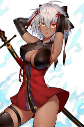 Rule 34 | 1girl, armpits, arms behind head, arms up, bare shoulders, black panties, bow, breasts, cameltoe, cleavage, cleavage cutout, clothing cutout, dark-skinned female, dark skin, dress, elbow gloves, fate/grand order, fate (series), gloves, hair bow, highres, horz, large breasts, looking at viewer, okita souji (fate), okita souji alter (fate), okita souji alter (first ascension) (fate), open mouth, panties, short dress, short hair, simple background, sleeveless, solo, sword, thigh strap, thighhighs, underwear, weapon, white hair, yellow eyes