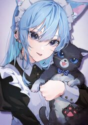 Rule 34 | 1girl, animal, animal ears, bell, black cat, blue bow, blue eyes, blue hair, bow, cat, cat ears, commentary, earrings, hair between eyes, highres, holding, holding animal, holding cat, hololive, hoshimachi suisei, hoshimachi suisei (maid), jewelry, light blue hair, looking at viewer, maid headdress, medium hair, mirai99, multiple earrings, neck bell, pawpads, shadow, simple background, solo, star (symbol), star in eye, symbol-only commentary, symbol in eye, tongue, upper body, virtual youtuber