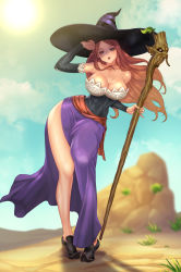 Rule 34 | 1girl, bare shoulders, breasts, cleavage, collarbone, detached sleeves, dragon&#039;s crown, dress, hat, highres, large breasts, long hair, red hair, skirt, sorceress (dragon&#039;s crown), witch hat