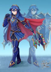 Rule 34 | 1girl, armor, armored boots, axe, belt, blue eyes, blue hair, boots, brave pose, breastplate, cape, commission, fire emblem, fire emblem awakening, fire emblem heroes, gloves, holding, holding weapon, long hair, lucina (fire emblem), nintendo, reflection, shield, smile, tiara, tunic, vambraces, weapon, xanadu avici