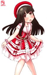 Rule 34 | 1girl, alternate costume, artist logo, beret, black hair, blunt bangs, bracelet, brown eyes, character name, character request, clothes lift, commentary request, copyright request, cosplay, cowboy shot, dated, dress, dress lift, frilled dress, frills, hat, hatsuyuki (kancolle), highres, jewelry, kanon (kurogane knights), kantai collection, knees together feet apart, legs together, long hair, look-alike, looking at viewer, open mouth, red dress, red hat, simple background, solo, standing, white background