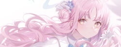 Rule 34 | 1girl, absurdres, blue archive, blue halo, commentary, english commentary, flower, hair bun, hair ribbon, halo, highres, holding, holding flower, incredibly absurdres, long hair, looking at viewer, mika (blue archive), parted lips, pink hair, ribbon, roi (liu tian), single hair bun, solo, upper body, white flower, white ribbon, yellow eyes