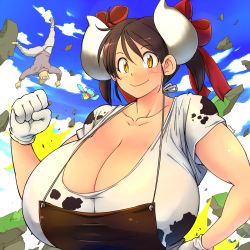 Rule 34 | 1boy, 1girl, animal print, apron, breasts, brown hair, cleavage, collarbone, cow girl, cow horns, cow print, covered erect nipples, giant, giantess, gigantic breasts, hataraki ari, highres, horns, original, outdoors, solo focus, sukimi, twintails, upper body, yellow eyes