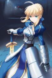 Rule 34 | 1girl, ahoge, armor, armored dress, artoria pendragon (all), artoria pendragon (fate), blonde hair, blue dress, blue ribbon, braid, breastplate, dress, excalibur (fate/stay night), fate/stay night, fate (series), french braid, gauntlets, green eyes, hair ribbon, highres, holding, holding sword, holding weapon, juliet sleeves, kamo ashi, long sleeves, looking at viewer, night, outdoors, plackart, puffy sleeves, ribbon, saber (fate), solo, sword, weapon