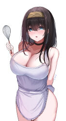 Rule 34 | 1girl, absurdres, apron, argyle clothes, argyle hairband, black choker, black hair, blue eyes, breasts, brown hairband, choker, cleavage, collarbone, commentary request, crossed bangs, hair between eyes, hairband, highres, holding, holding whisk, idolmaster, idolmaster cinderella girls, large breasts, long hair, looking at viewer, naked apron, open mouth, rufei bot, sagisawa fumika, solo, twitter username, whisk