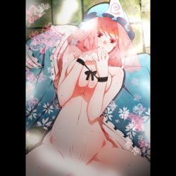 Rule 34 | 1girl, bad id, bdsm, blush, bondage, bound, bound wrists, breasts, cleavage, hat, highres, implied sex, kasuteru, lying, missionary, navel, nude, on back, open mouth, pink eyes, pink hair, saigyouji yuyuko, short hair, solo, sweat, tears, touhou