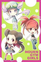 Rule 34 | 3girls, book, brown hair, chibi, creatures (company), flannery (pokemon), full body, game freak, goggles, goggles on head, gym leader, hair ornament, hand on own hip, helmet, light purple hair, multiple girls, nintendo, open mouth, outstretched arm, pokemon, pokemon oras, ponytail, purple eyes, red eyes, red hair, roxanne (pokemon), school uniform, shoes, smile, text focus, twintails, winona (pokemon)