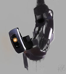 Rule 34 | 1girl, aperture science, artificial intelligence, glados, no humans, one-eyed, portal, portal (series), portal 1, portal 2, robot, signature, simple background, solo, spoilers, valve, yellow eyes